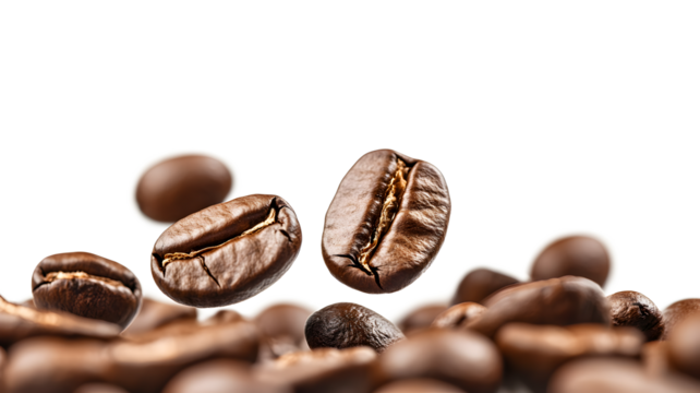 A bunch of coffee beans flying through the air. The beans are scattered in different directions, creating a sense of motion and energy. The scene conveys a feeling of excitement and movement