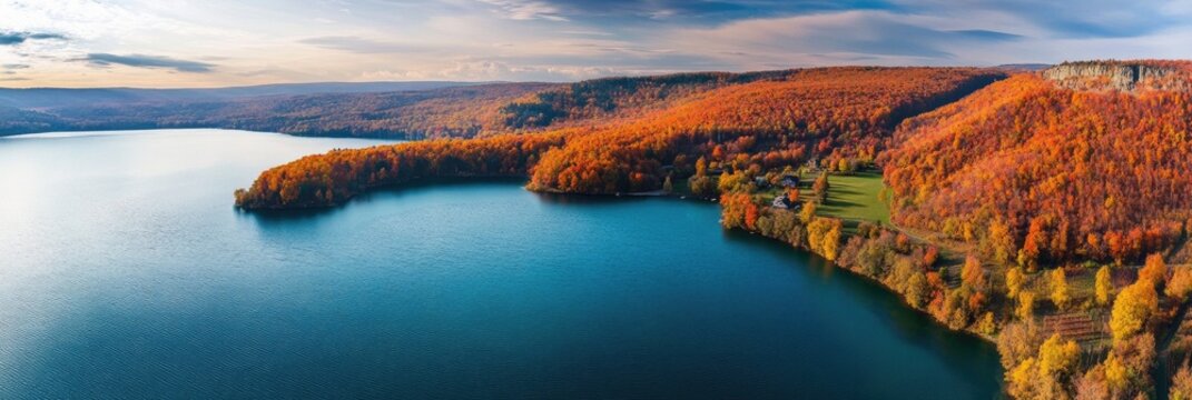 Aerial View of Vibrant Fall Foliage Surrounding Seneca Lake in the Picturesque Finger Lakes Region of Upstate New York