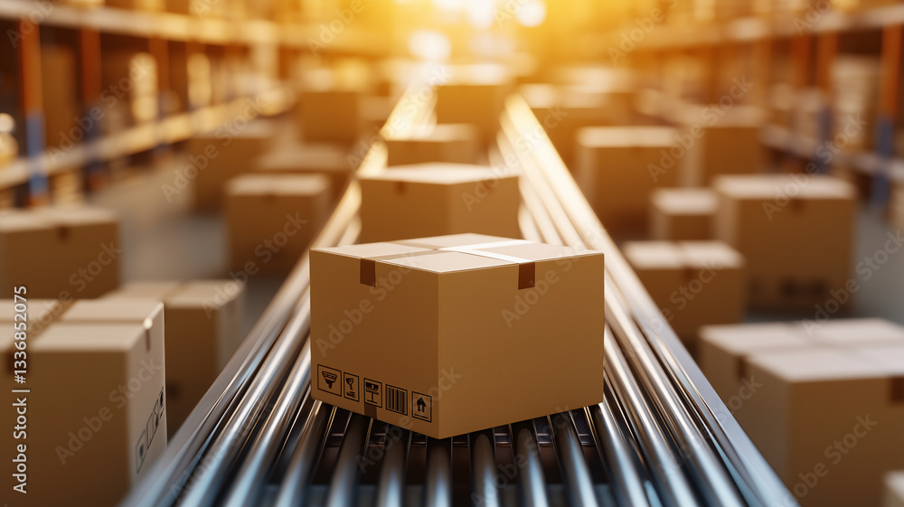 Poster cardboard boxes on conveyor belt in warehouse, illuminated by warm light, create dynamic scene of lo