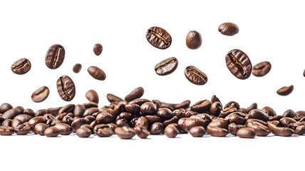 Obraz premium A bunch of coffee beans are scattered across a white background. The beans are in various sizes and shapes, and they appear to be flying through the air. Concept of movement and energy