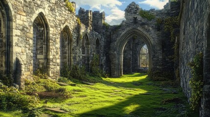 Obraz premium Ancient Ruins of St Andrews Castle, A Scottish Landmark Surrounded by Lush Green Grass in Fife