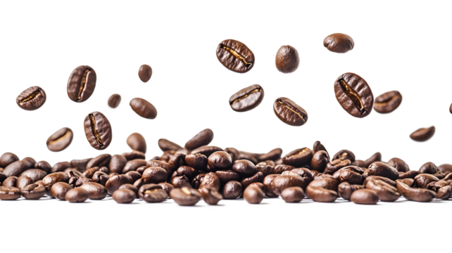 A bunch of coffee beans are scattered across a white background. The beans are in various sizes and shapes, and they appear to be flying through the air. Concept of movement and energy