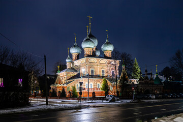 illuminated church in Kostroma in winter night