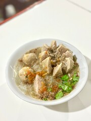 Bakso Urat with sambal  – not the most popular choice during Ramadan, but a sought-after alternative for those craving a break from rich coconut-based dishes. Cisauk, Indonesia - March 2, 2025.