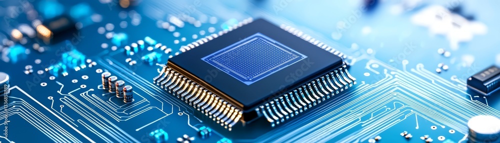Poster closeup of a microprocessor on complex circuit board, powering modern technology
