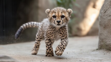 Obraz premium Cheetah cub running playfully in zoo animal photography daytime close-up