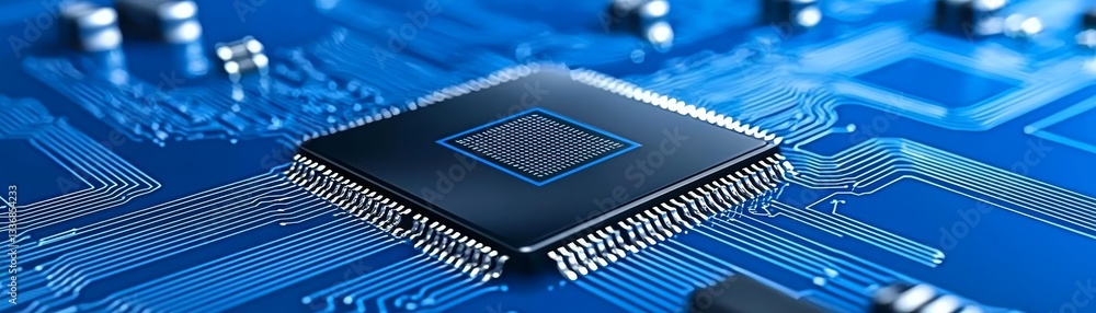 Poster intricate closeup, cpu chip on circuit board a detailed view of modern computing power