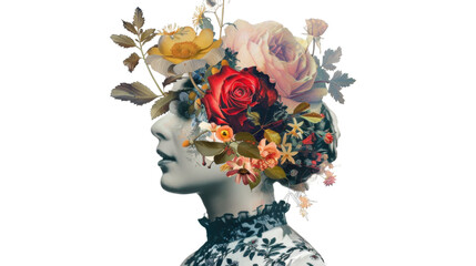 Woman combining with blooming flowers creating surreal portrait on transparent background