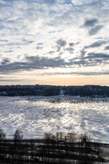 above view of ice floes on river in Kostroma city
