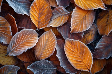 Fototapeta premium Frosted Autumn Leaves with Vibrant Colors on Ground Surface