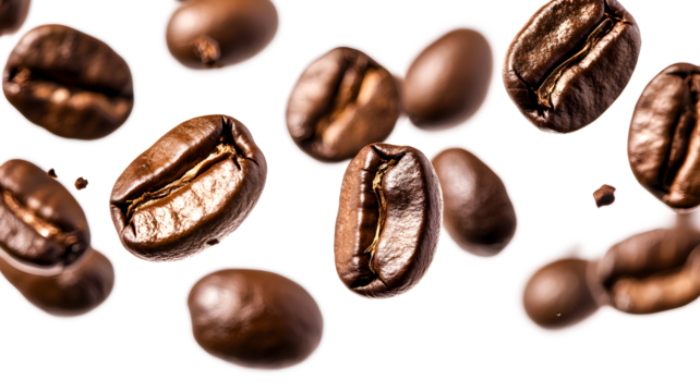 A close up of coffee beans in the air. The beans are scattered in different directions, with some falling to the ground and others still floating in the air. Concept of movement and energy