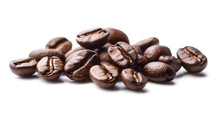 Fototapeta premium A pile of coffee beans on a white background. The beans are of different sizes and shapes, and they are spread out in a random pattern. Concept of abundance and variety