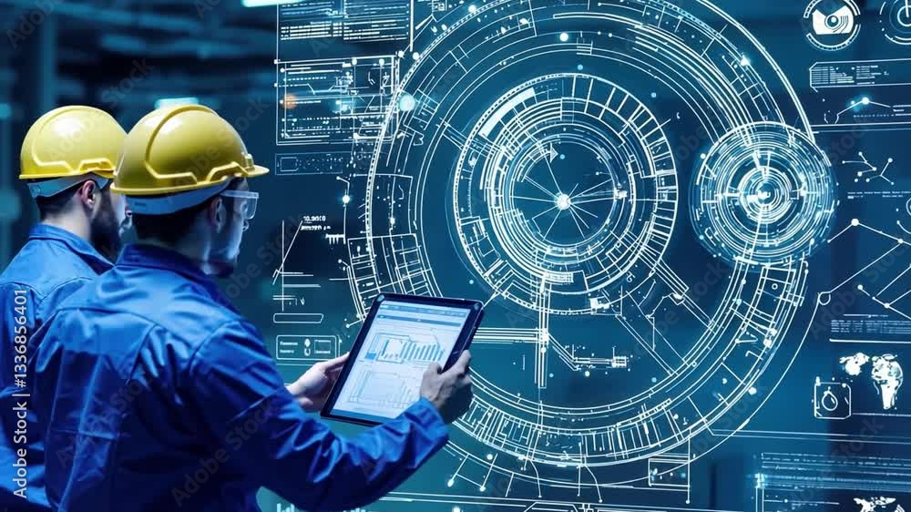 Poster engineers analyzing data on digital interface in modern industrial environment with high-tech graphi