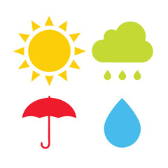 Sun, Clouds, Umbrella and Raindrop Vector Design.