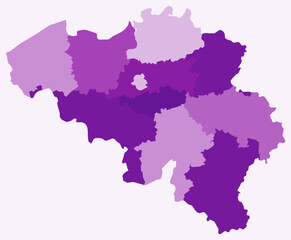 Map of Belgium with regions. Just a simple country border map with region division. Purple color palette. Plain Kingdom of Belgium shape with administrative division. Vector illustration.