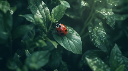 Obraz premium Ladybug on leaf close-up nature lush environment macro view insect