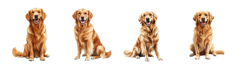 Four golden retrievers in various poses, showcasing their friendly demeanor and distinctive golden fur.
