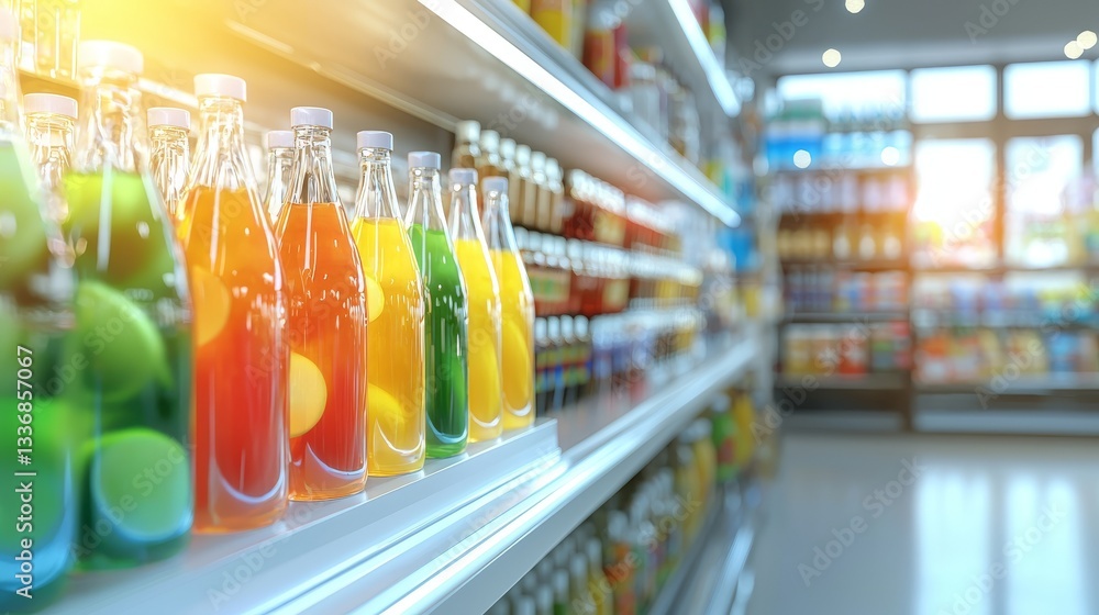 Poster refreshing display of colorful juice bottles in a row on supermarket shelf fresh
