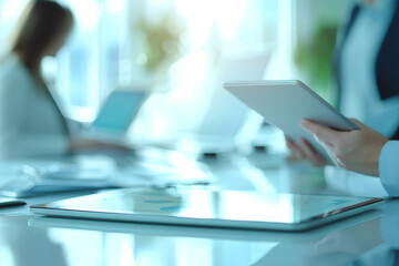 Businesswoman using digital tablet modern office workplace technology team data laptop screen growth