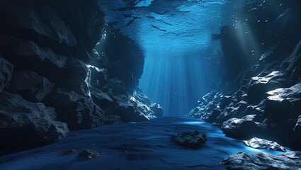 deep underwater scene with rays of light and rock cliff background photo
