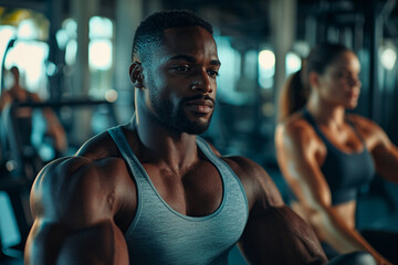Obraz premium Strong muscular man intense workout fitness gym exercise body dark sport power manly human model