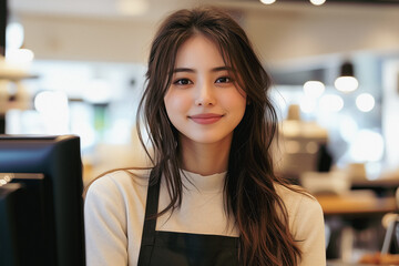 A smiling woman stands behind the cash register.