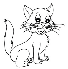 Cute cartoon hand drawn vector smiley kitten coloring page.