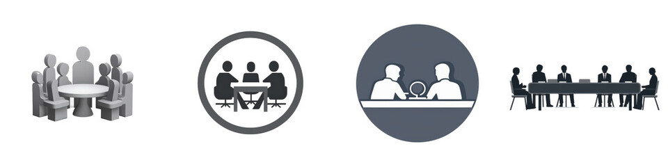 Meetings, discussions, and presentations taking place in a business setting with icons isolated on white or transparent