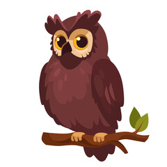 Charming cartoon owl perched on a branch. Cute owl character illustration for children's illustrations, nature-themed design, logo. Cartoon vector owl icon isolated on white background