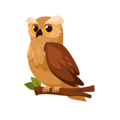 Charming cartoon owl perched on a branch. Cute owl character illustration for children's illustrations, nature-themed design, logo. Cartoon vector owl icon isolated on white background