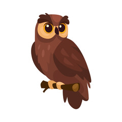 Charming cartoon owl perched on a branch. Cute owl character illustration for children's illustrations, nature-themed design, logo. Cartoon vector owl icon isolated on white background