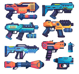 Fototapeta premium Blaster gun icon set in futuristic space design. Collection of laser handguns and rayguns for sci-fi and gaming themes. Cosmic weapon illustrations isolated on a white background. Vector collection.