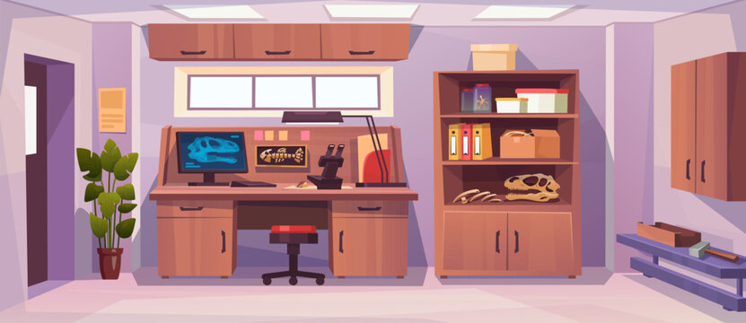 Paleontology laboratory interior with fossil specimens, research equipment and scientist workspace. Cartoon vector illustration of archaeology museum office, dinosaur bones and scientific study room.