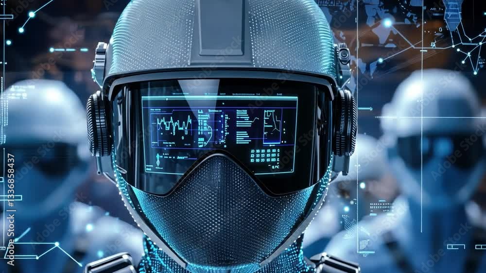 Poster futuristic soldier with enhanced visor and digital interface in a high-tech environment surrounded b