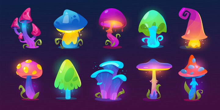 Fantasy glowing mushrooms collection with magical neon colors and enchanted forest elements. Cute cartoon vector set of fairy toadstools, luminous fungi, game assets, fantasy nature icons.