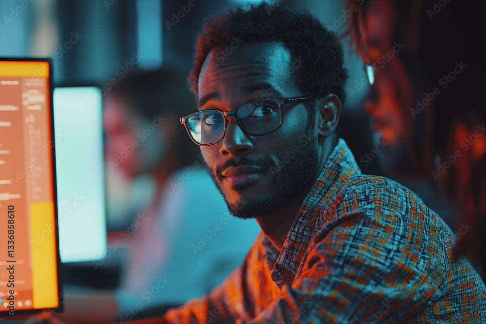 Poster focused young programmer working late on computer code project man male data night adult cyber codin