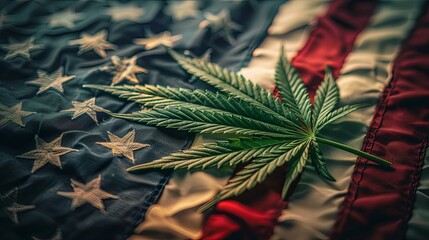 A cannabis leaf rests on a draped american flag background
