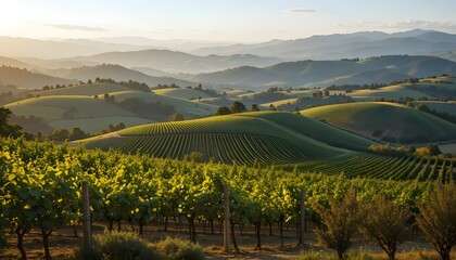 Fototapeta premium Vineyard Hills at Sunset with Rolling Landscape