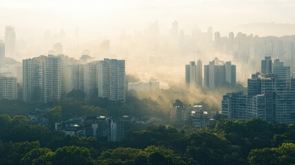 Obraz premium A powerful conceptual image of a lush forest being replaced by a city skyline that fades into industrial smog. A somber visual of urbanization, pollution, and climate change.
