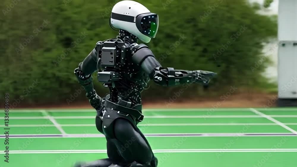 Aufkleber humanoid robot demonstrating walking motion on indoor surface with bright background and motion capt
