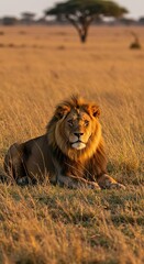 Majestic lion resting in African savanna grassland with acacia trees