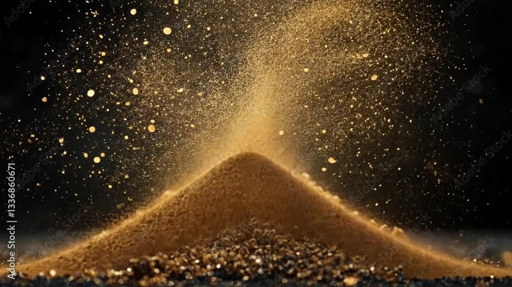Poster golden powder creating sparkling dust particles in dark background with soft focus effects and high 