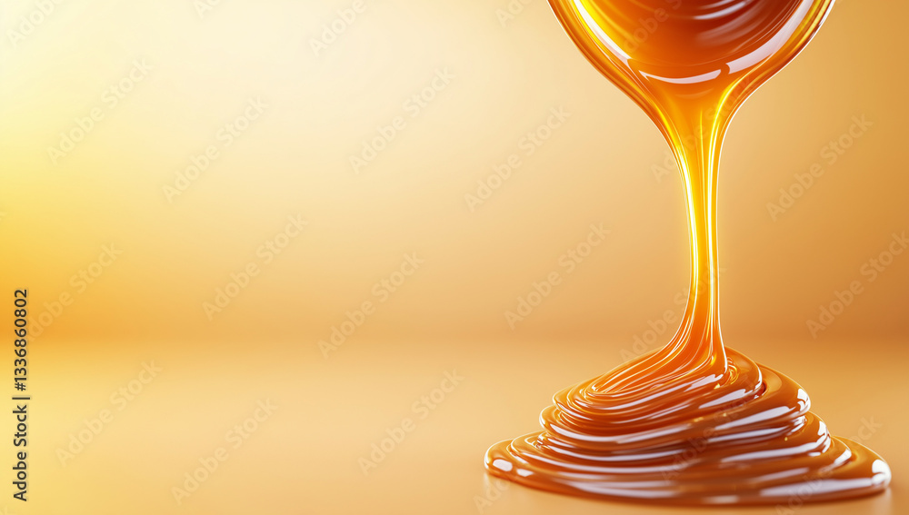 Poster melted caramel flowing gracefully on smooth surface, creating warm and inviting atmosphere. rich gol