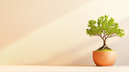 small potted plant with vibrant green leaves sits on wooden surface against minimalist background, creating serene and calming atmosphere