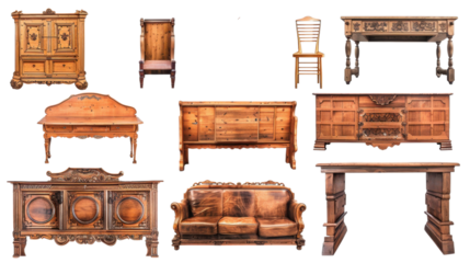 Set of antique wooden furniture isolated on transparent background