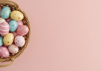 Easter eggs in a basket. Pink background with copy space. Top view. Happy Easter design.