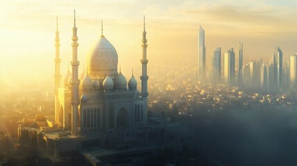 Fototapeta premium A grand mosque overlooks a futuristic city skyline at sunrise
