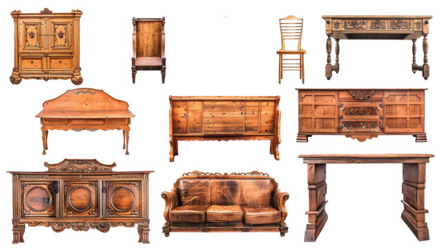 Set of antique wooden furniture isolated on transparent background