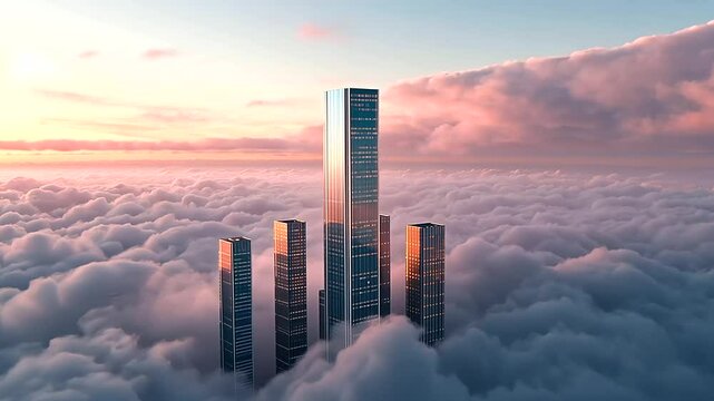 Skyscraper Towering Above Clouds in Stormy Sky