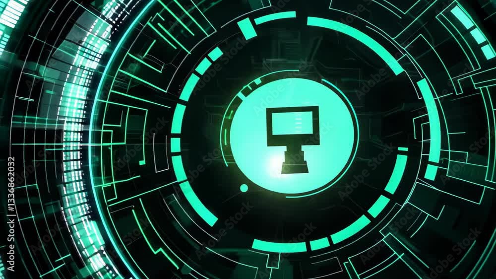 Wall mural this image showcases a futuristic tech interface with glowing green circular elements, making it ide